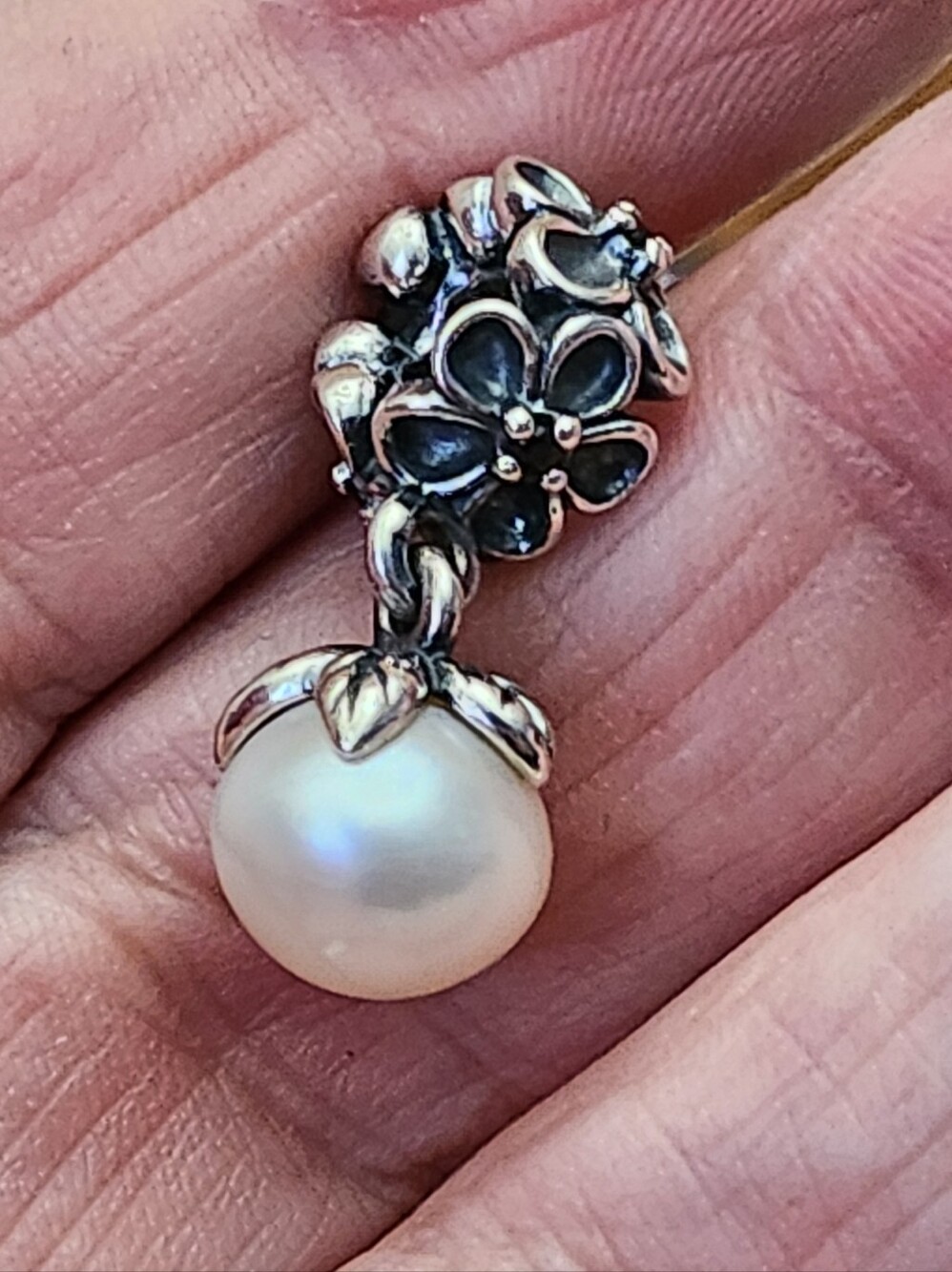 Pandora Sterling Silver Floral Pearl Drop Slide Charm